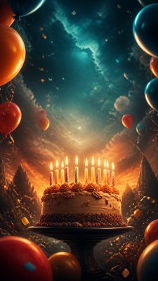 a birthday cake with lit candles surrounded by balloons and confetti, festive vertical composition, no text
