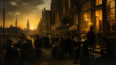 bustling city street panorama at dusk