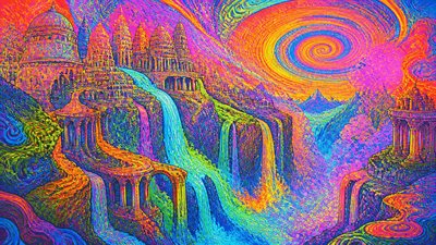 a cliffside city with waterfalls cascading into a misty canyon, wide establishing shot, no people, no text