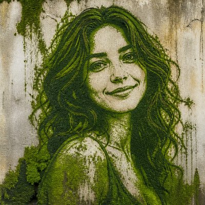 head-and-shoulders portrait of an original character: a young woman with wavy chestnut hair and a warm smile, plain soft backdrop