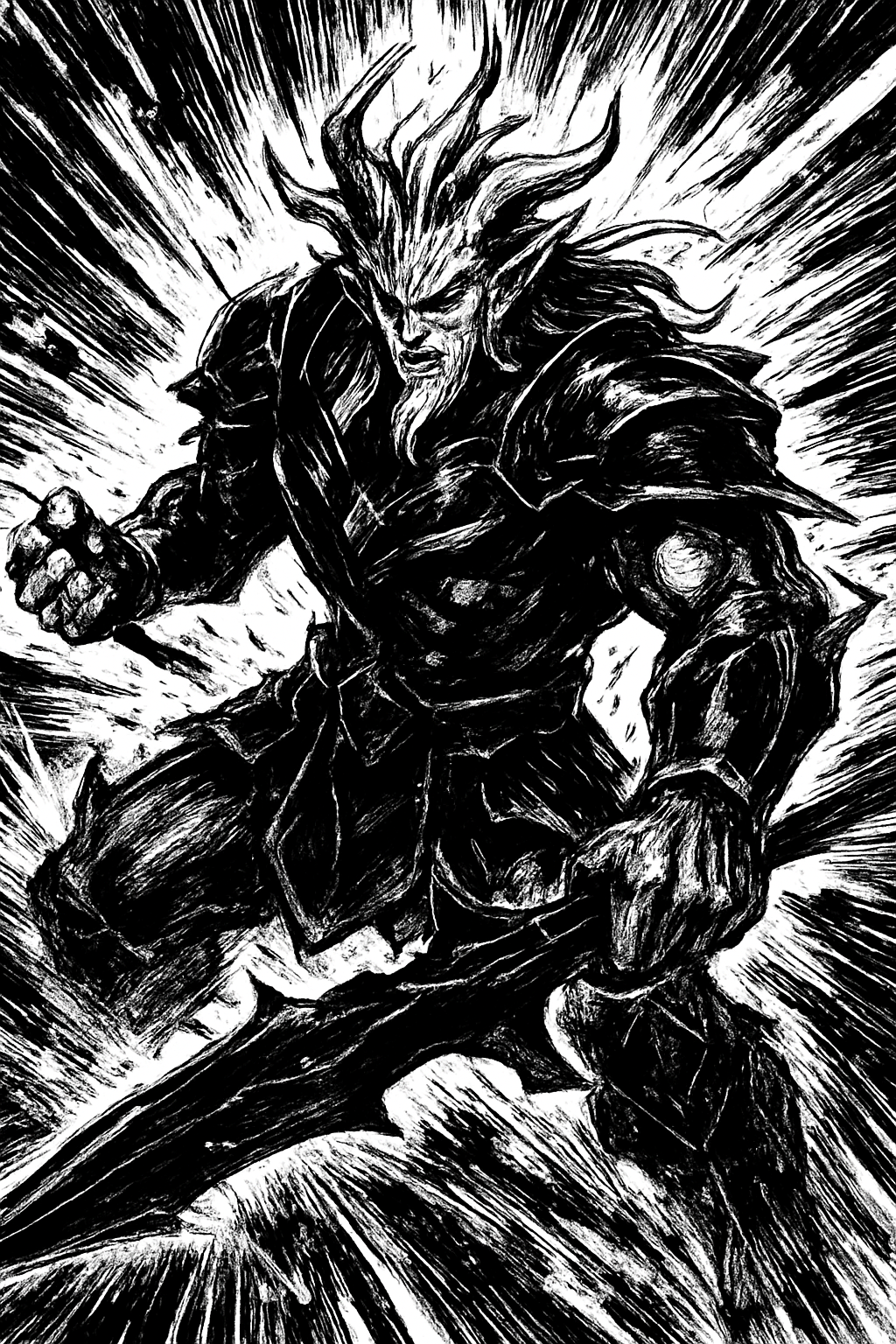 a black and white drawing of a demon