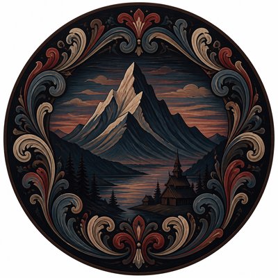 an emblem of a mountain peak inside a circle, simple bold shapes on a plain background, no text or lettering