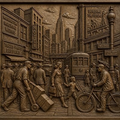 urban street with city activity — Relief Carving Sculpture Style