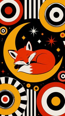 a sleeping baby fox curled on a crescent moon among soft stars, gentle and warm, no text