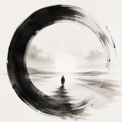 a solitary figure walking toward a glowing horizon across an empty plain, moody atmosphere, no text or lettering