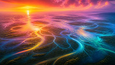 a wide river delta seen from above at sunset, no people