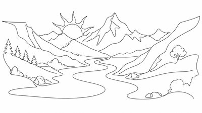 a vast valley with a river winding toward distant mountains at sunrise, no people, no text