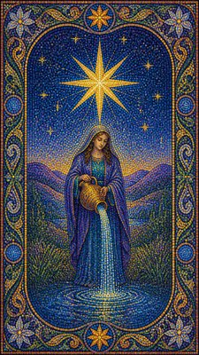 a robed figure pouring water beneath a large eight-pointed star in a night sky, symmetrical composition with an ornate decorative border, no text