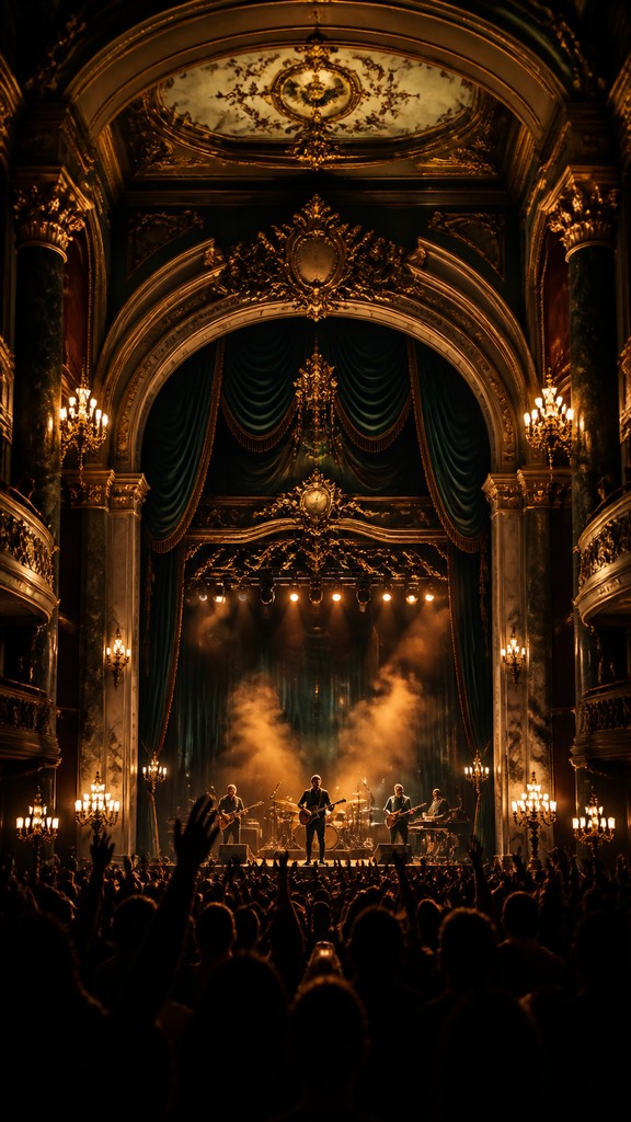 a live music scene with a glowing stage and silhouetted crowd, energetic vertical composition with open space at the top, no text
