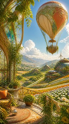 a hot air balloon drifting over rolling flower fields on a sunny day, cheerful, no text