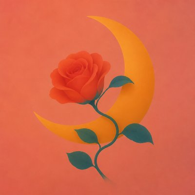 a rose entwined with a crescent moon, clean balanced composition on a plain background, no text