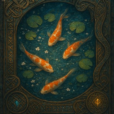 A koi pond seen from above, orange and white koi fish swimming among lily pads, clear water with subtle ripples, fallen cherry blossom petals floating on the surface, dappled sunlight