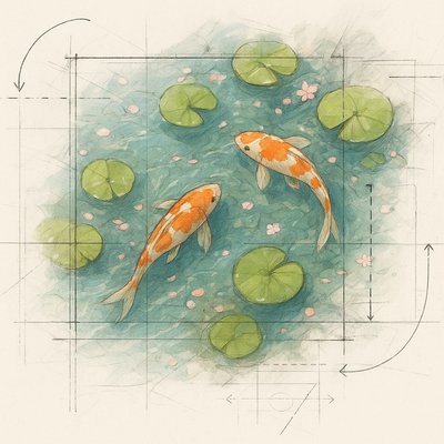 A koi pond seen from above, orange and white koi fish swimming among lily pads, clear water with subtle ripples, fallen cherry blossom petals floating on the surface, dappled sunlight