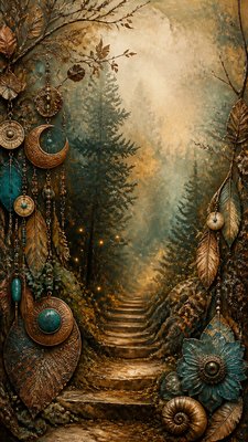 a mysterious forest path with fireflies and drifting mist, atmospheric vertical composition with open space at the top, no text