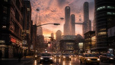 bustling city street panorama at dusk