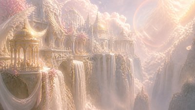 a cliffside city with waterfalls cascading into a misty canyon, wide establishing shot, no people, no text