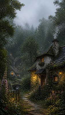 a mysterious forest path with fireflies and drifting mist, atmospheric vertical composition with open space at the top, no text