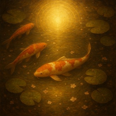 A koi pond seen from above, orange and white koi fish swimming among lily pads, clear water with subtle ripples, fallen cherry blossom petals floating on the surface, dappled sunlight