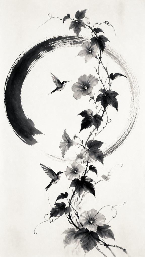 a climbing vine of flowers and hummingbirds on a dark background, tall wrapping composition, no text