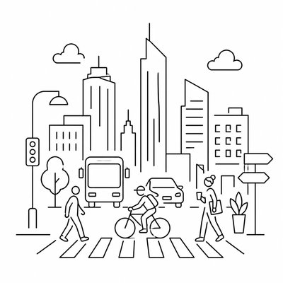 urban street with city activity — Line Art Icon Design