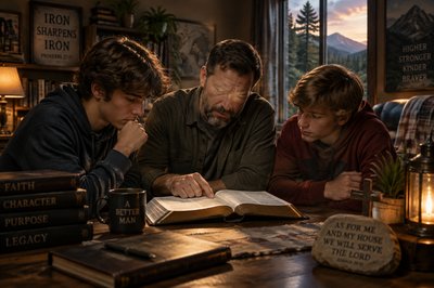 dad and two teenage sons reading bible together