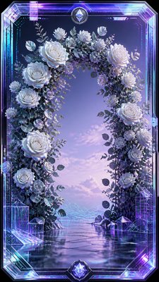 an arch of white roses and eucalyptus in soft morning light, elegant vertical composition with open space, no text