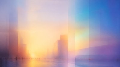 bustling city street panorama at dusk