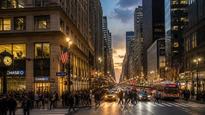 bustling city street panorama at dusk