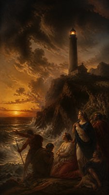 a lone lighthouse on a cliff at dusk under a dramatic sky, no text or lettering