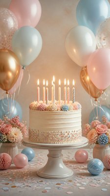 a birthday cake with lit candles surrounded by balloons and confetti, festive vertical composition, no text