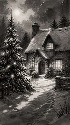 a snow-covered cottage with warm glowing windows beside a decorated pine tree, gentle snowfall, no text