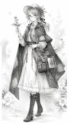 full-body original character: a wandering botanist with a satchel of plants, a patched green cloak, tall boots and round glasses, neutral background