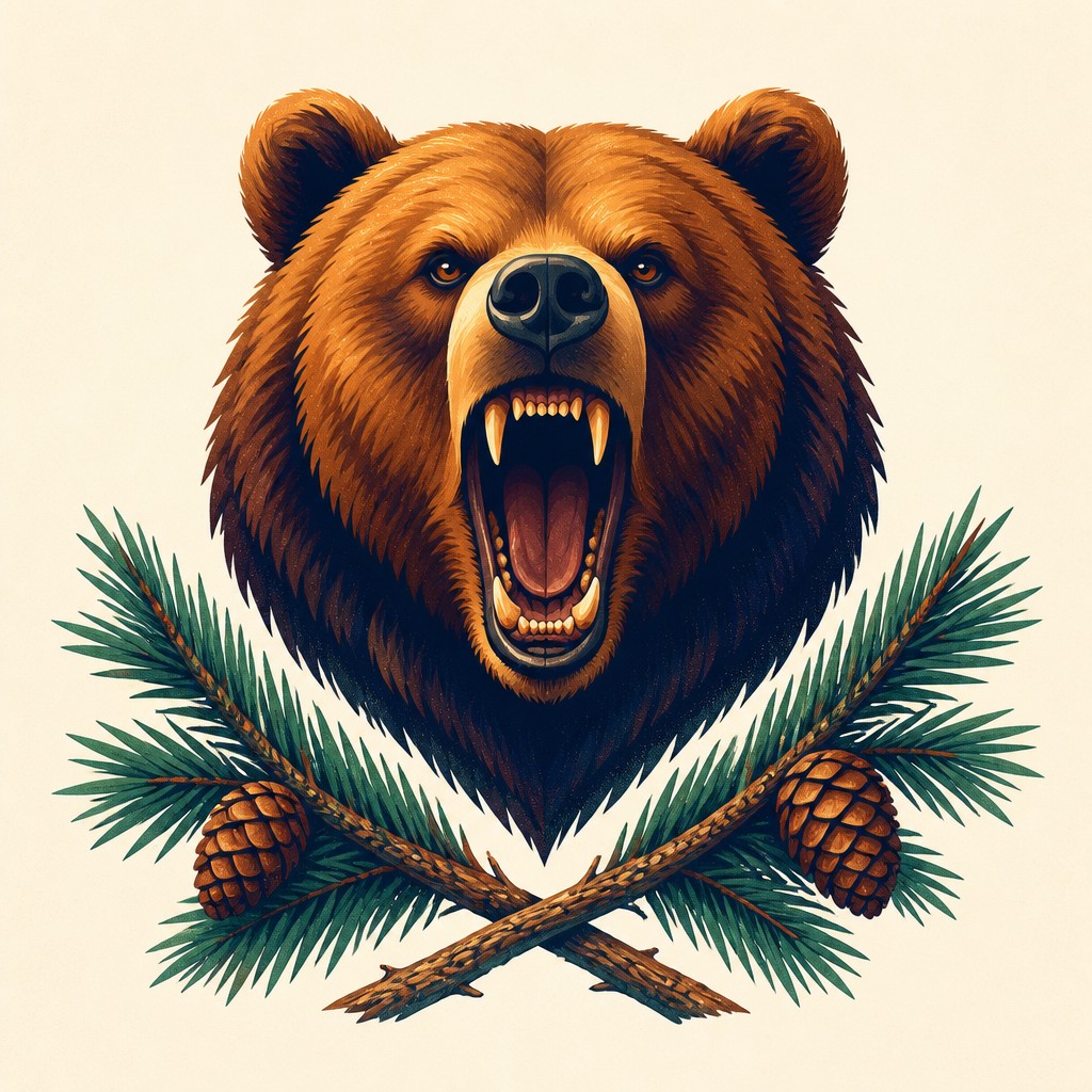 a roaring bear head above crossed pine branches, bold graphic composition on a plain background, no text