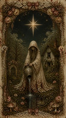 a robed figure pouring water beneath a large eight-pointed star in a night sky, symmetrical composition with an ornate decorative border, no text