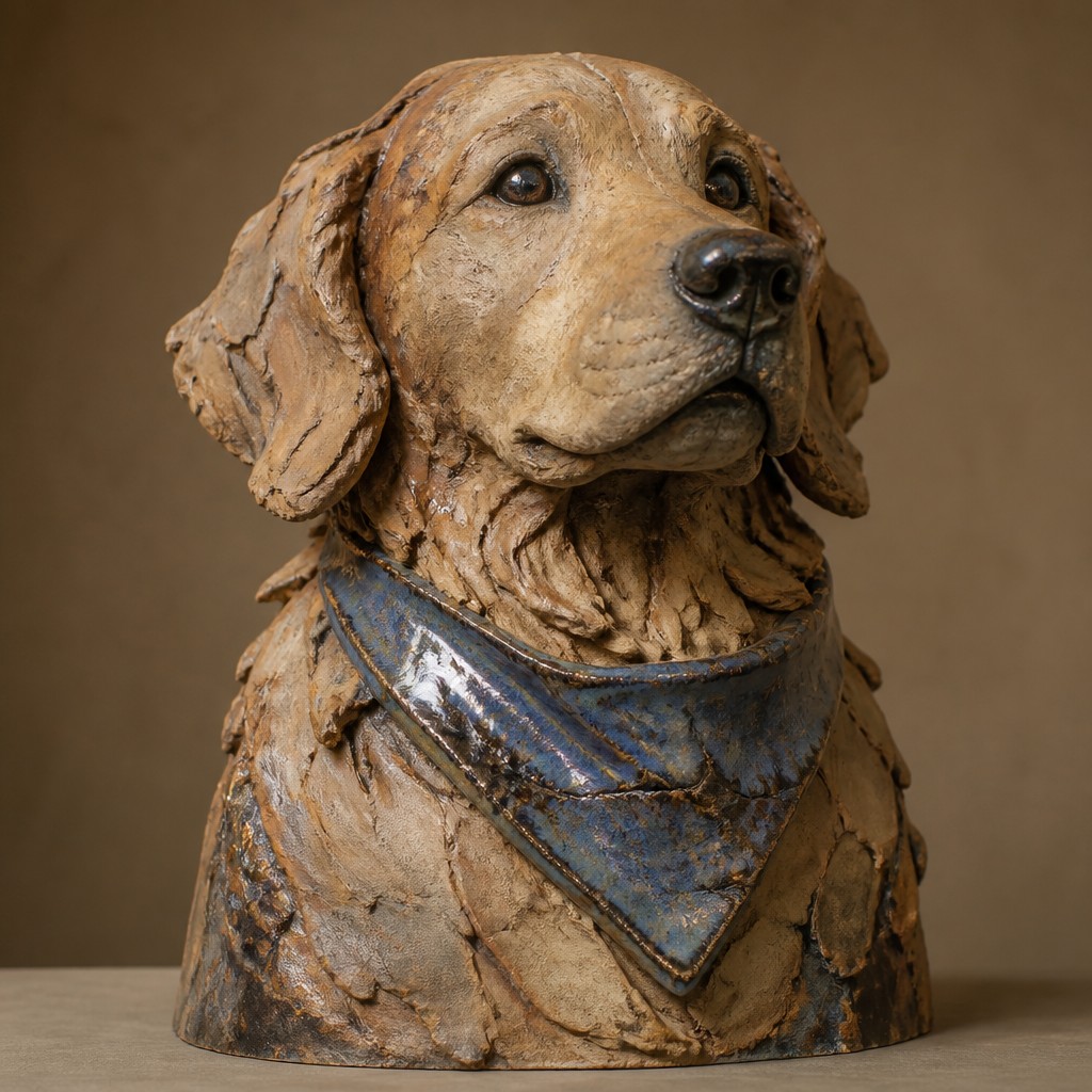 portrait of a golden retriever wearing a blue bandana, warm plain backdrop, no text