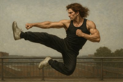 a painting of a man jumping in the air