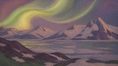 a flowing aurora over snowy peaks, wide sweeping composition, no people, no text