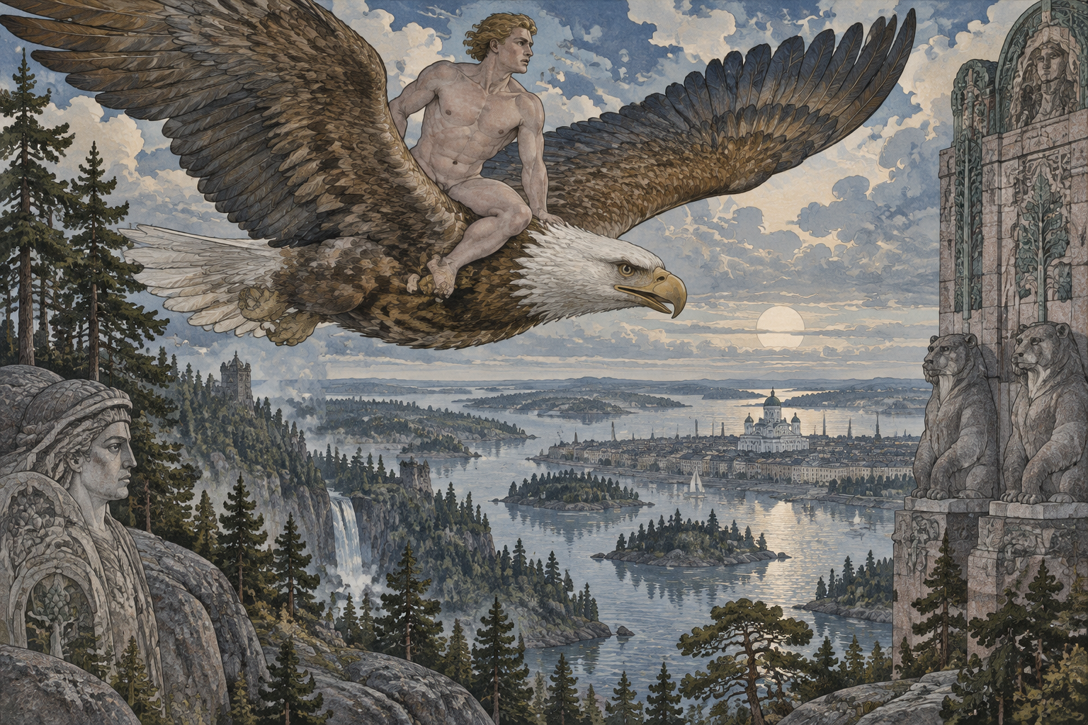 Helsinki male ignudi athlete being carried on the wings of a large flying Eagle