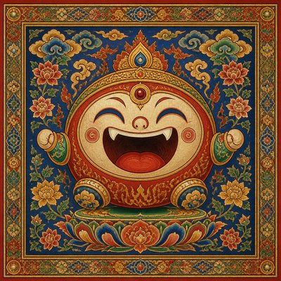 an exaggerated laughing face of an original round mascot character, bold and readable at small size, plain background, no text