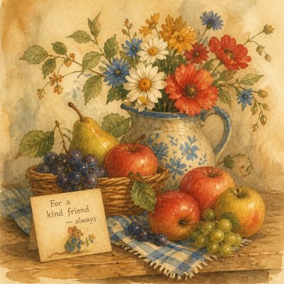 still life arrangement of fruits and flowers