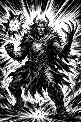 a black and white drawing of a demon
