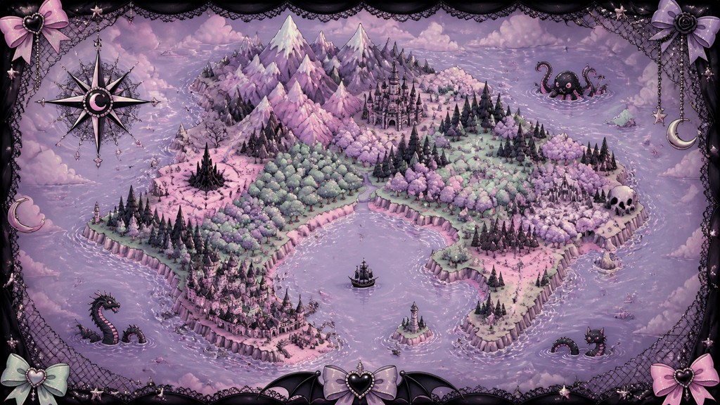 a map of an island realm with mountains, forests, a sheltered bay, sea monsters in the water and a compass rose, no text labels