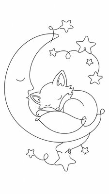 a sleeping baby fox curled on a crescent moon among soft stars, gentle and warm, no text