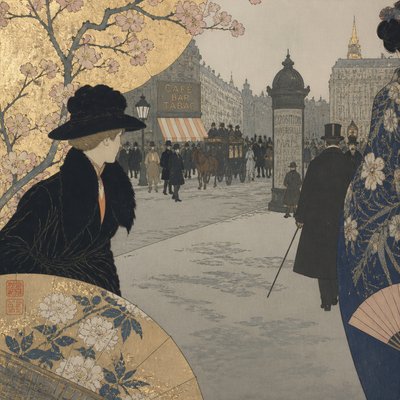 urban street with city activity — Japonisme Art Style