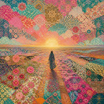 a solitary figure walking toward a glowing horizon across an empty plain, moody atmosphere, no text or lettering