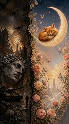 a sleeping baby fox curled on a crescent moon among soft stars, gentle and warm, no text