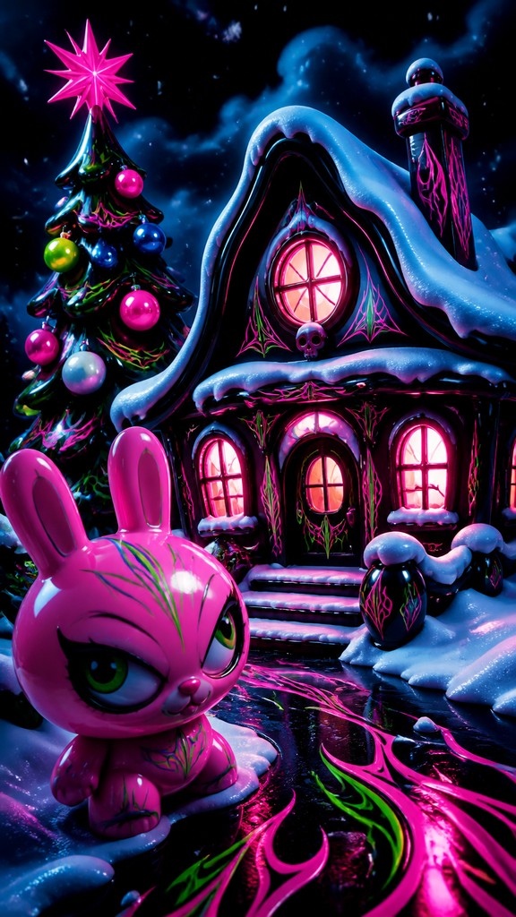a snow-covered cottage with warm glowing windows beside a decorated pine tree, gentle snowfall, no text