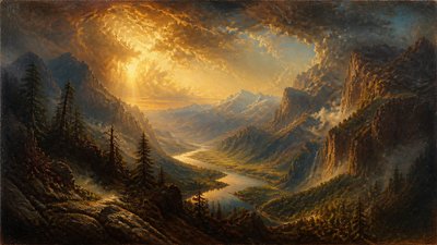 a vast valley with a river winding toward distant mountains at sunrise, no people, no text