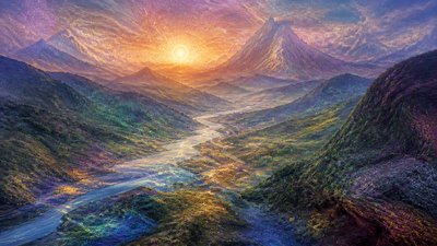a vast valley with a river winding toward distant mountains at sunrise, no people, no text