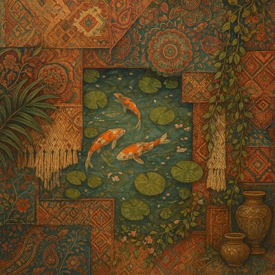 A koi pond seen from above, orange and white koi fish swimming among lily pads, clear water with subtle ripples, fallen cherry blossom petals floating on the surface, dappled sunlight